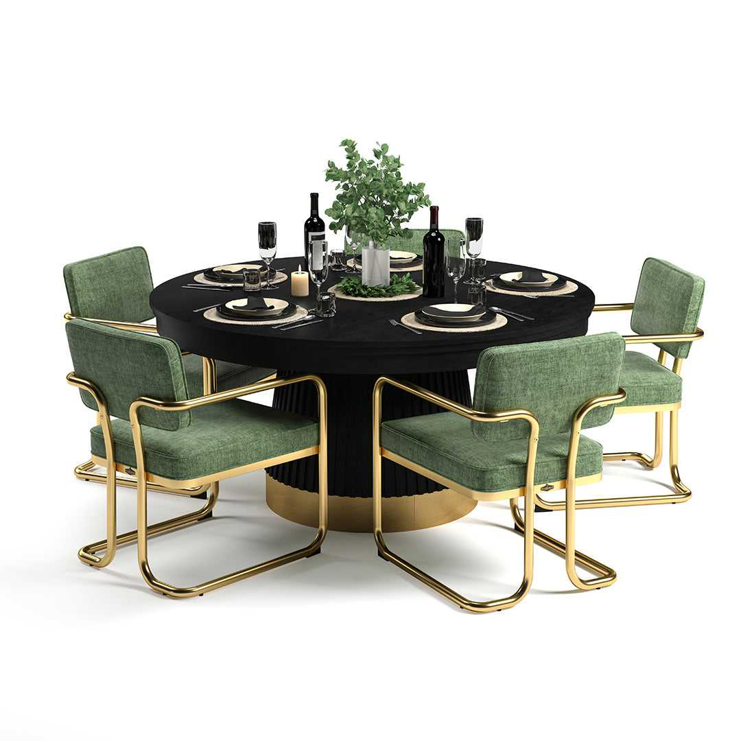 Prohibition 60" poker table in matte black with vintage brass kick plate. Shown with optional dining top and green chairs.