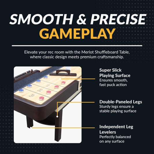 9 ft shuffleboard table with espresso finish, butcherblock playing surface, double-paneled legs, and classic design details. 3 heavy-duty climate adjusters, adjustable leg levelers. - Build Your Man Cave - Merlot Shuffleboard Table 9 ft - Espresso Finish - Default Title - BG50358