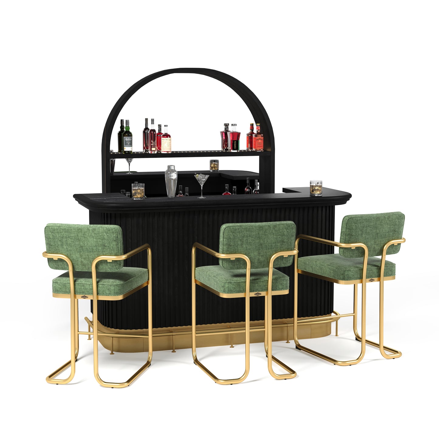 Prohibition 84"Cocktail Bar in Walnut with optional Prohibition Bar Back, Footrail, and Prohibition Barstools in green.