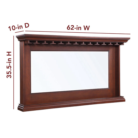 Seville Back Bar Mirror is 62" wide, 10" deep, 35.5" high with a 1" beveled-edge mirror. 180-day limited warranty.