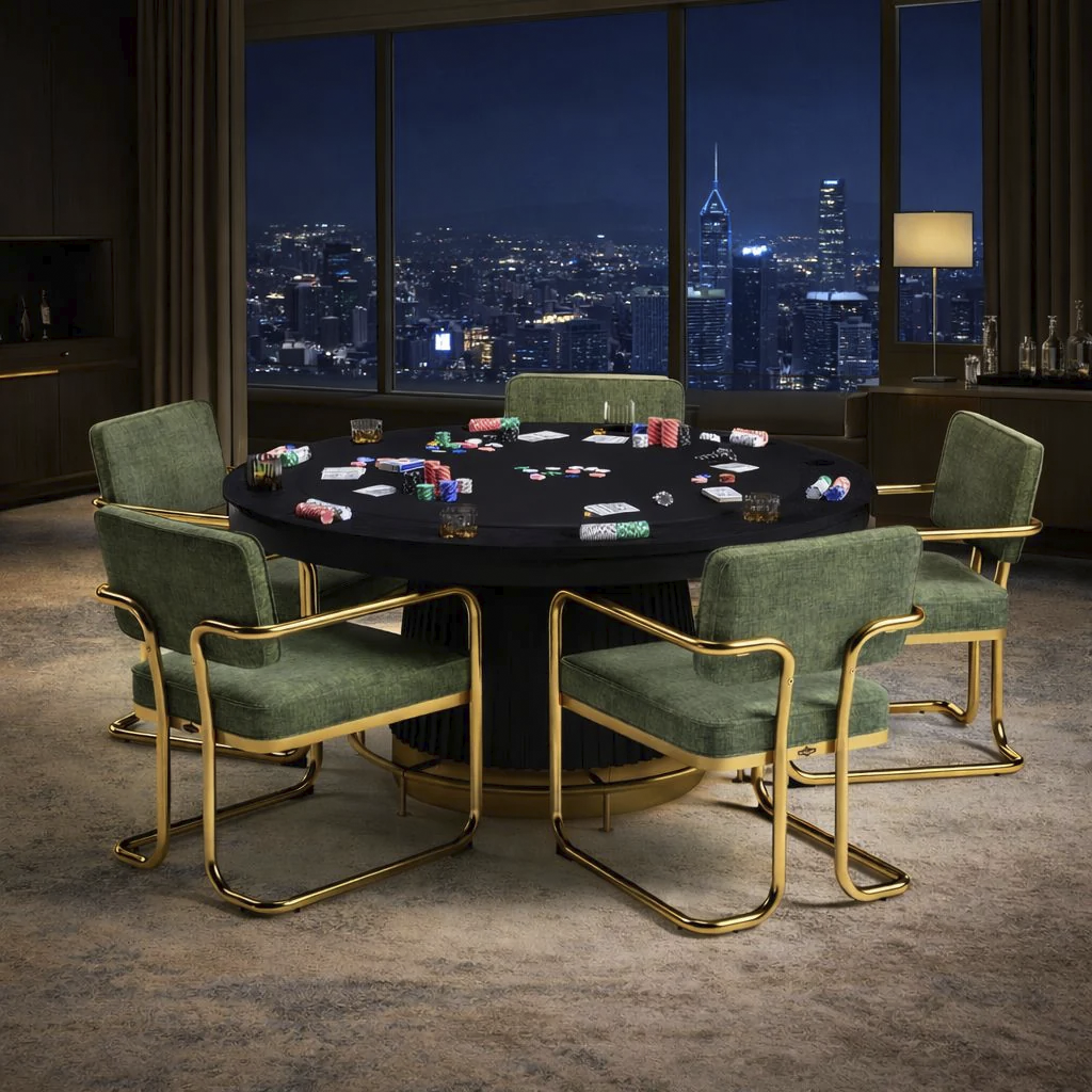 Prohibition 60" poker table in matte black finish with vintage brass kick plate. Shown with optional chairs and footrail. 1-Year Limited Warranty.