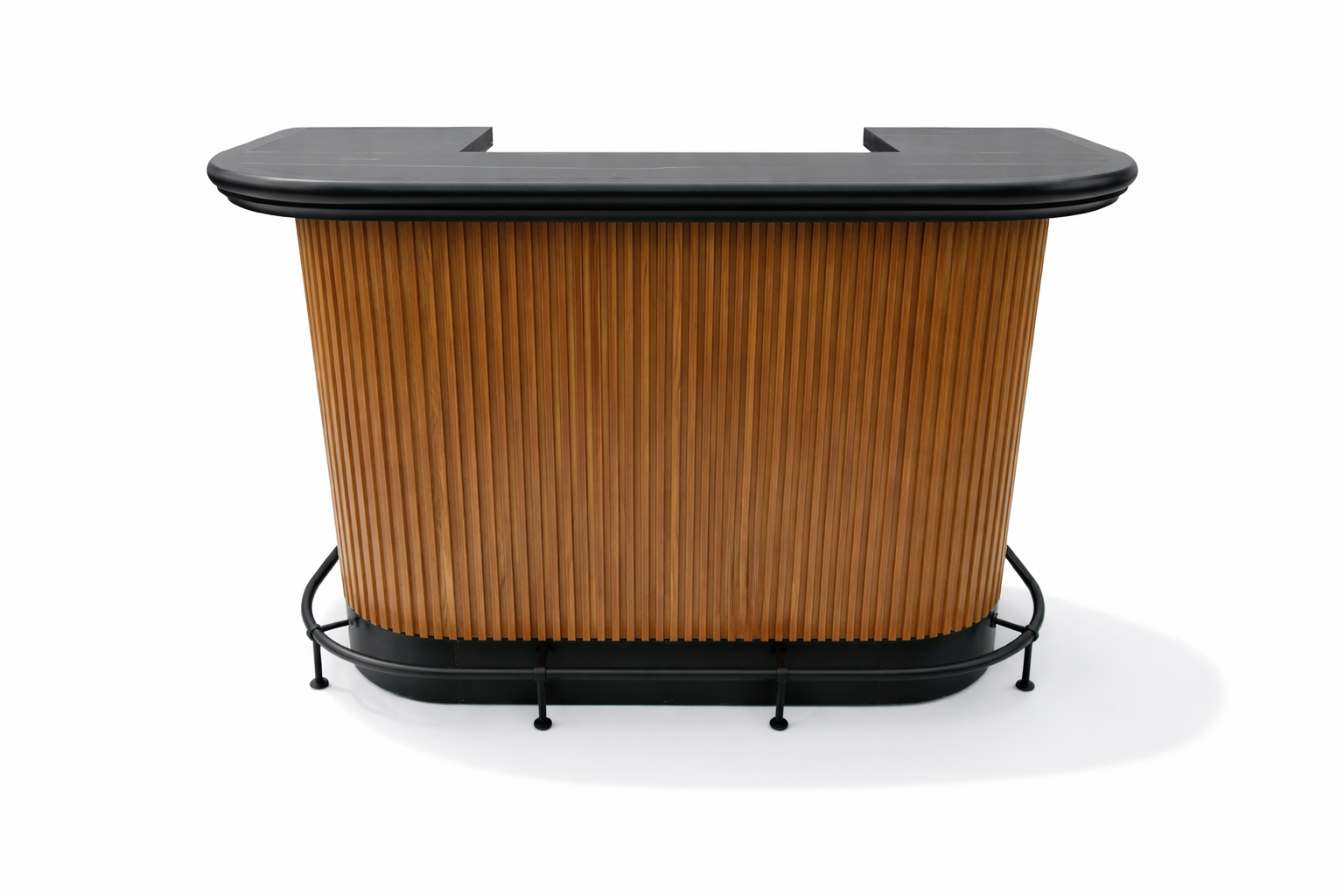 Prohibition Cocktail Bar in Walnut with black kickplate and optional black footrail. Beautiful '30s Art Deco style.