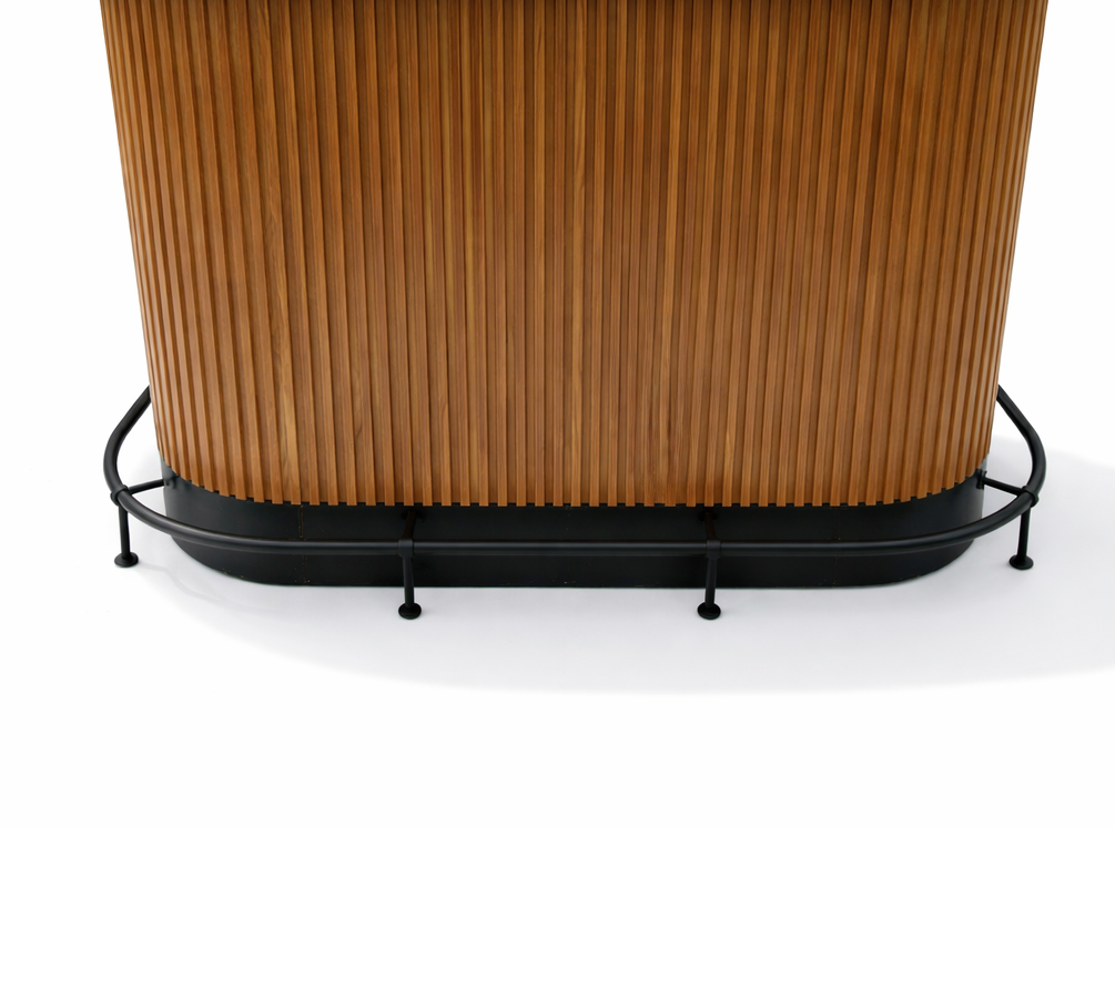 Detail of Prohibition 60" Cocktail Bar in walnut with optional black footrail. Bar also in black with brass footrail.
