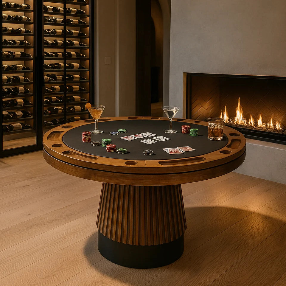 Prohibition 48" 2-in-1 poker table with walnut finish with black kick plate. A reversible top for dining on one side and poker on the other.