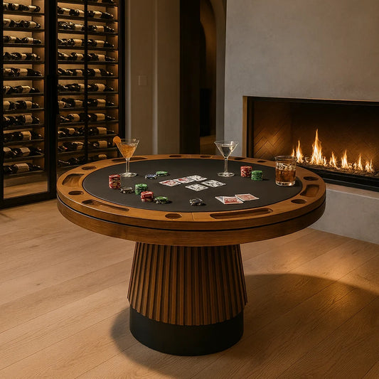 Prohibition 48" 2-in-1 poker table with walnut finish with black kick plate. A reversible top for dining on one side and poker on the other.