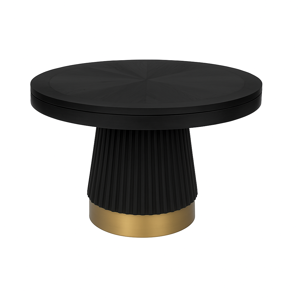 Prohibition 48" poker table in matte black with vintage brass kickplate, with dining surface shown. Seats six. 1-Year Limited Warranty.