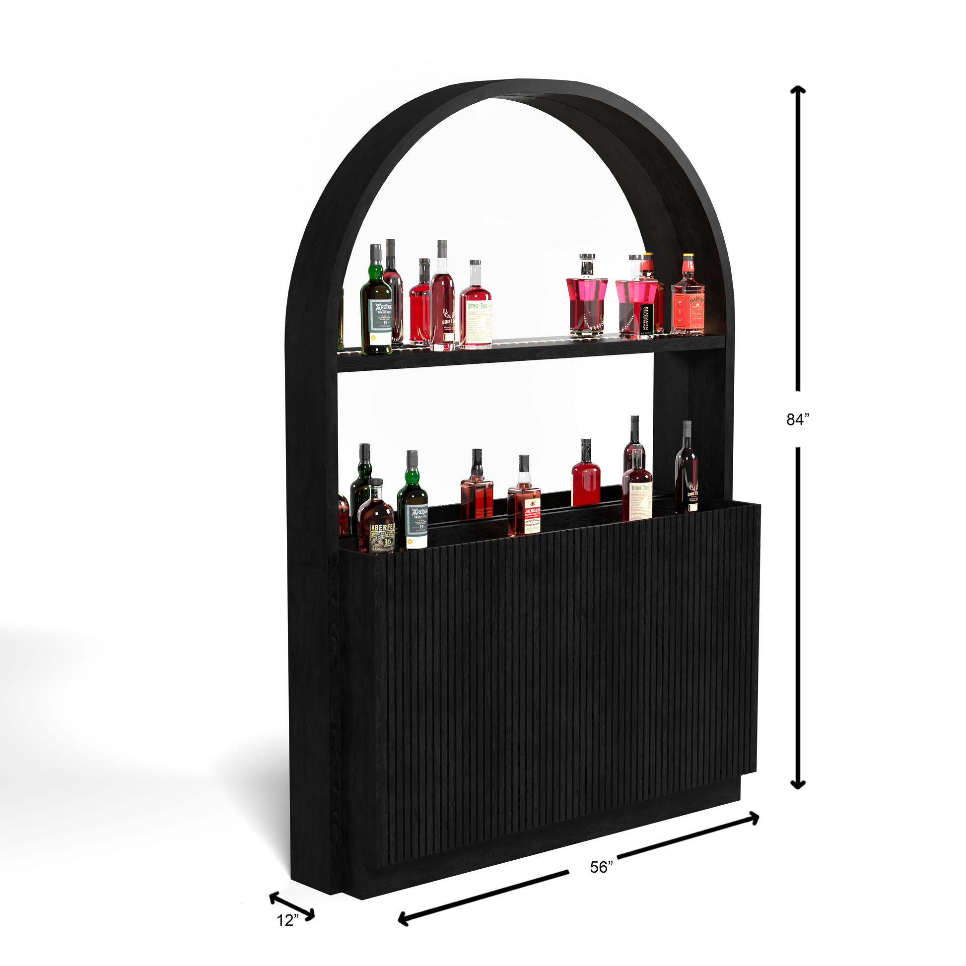 Optional Prohibition Back Bar features shelves, a mirror, built-in LED lights. 84" high, 56" wide, 12" deep. In black or walnut.