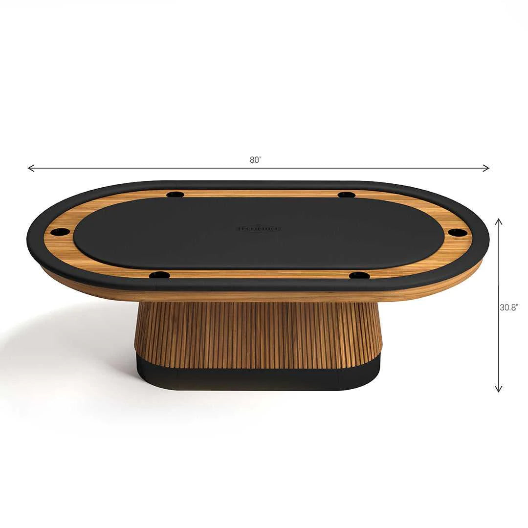 Prohibition Texas Hold'em Poker Table. 80" L (84" L w dining top.), 40" W, 30.8" H. Solid wood. With counter sunk drink holders. Seats six.