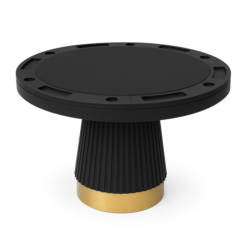 Prohibition poker table in matte black with poker side up, showing drink holders and chip holders, plus hidden storage under the playing surface.