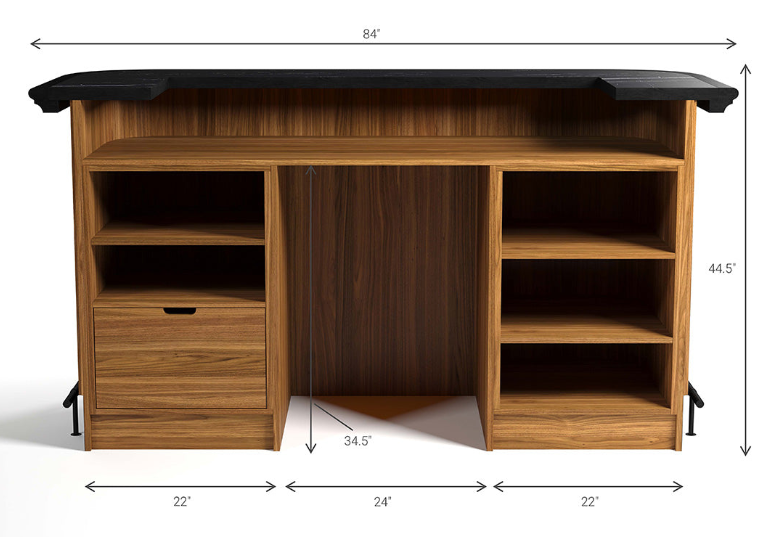 Prohibition 84" Cocktail Bar with large under bar prep shelf, two sets of shelves, and drawers. Opening fits mini fridge.