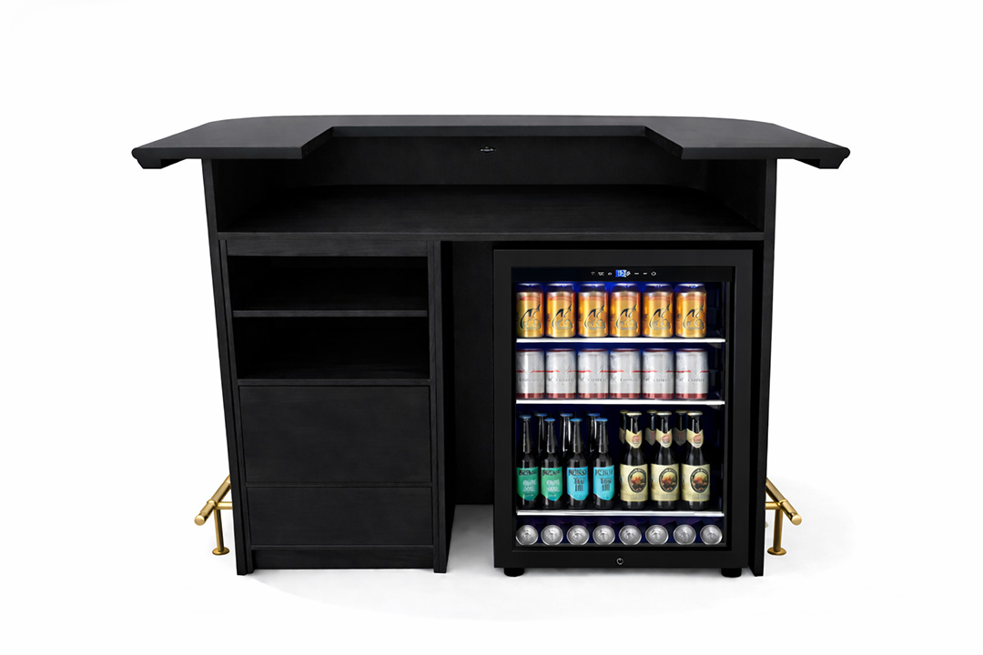 Prohibition 60" Cocktail Bar in black with large under bar prep shelf, two additional shelves, and drawers. 