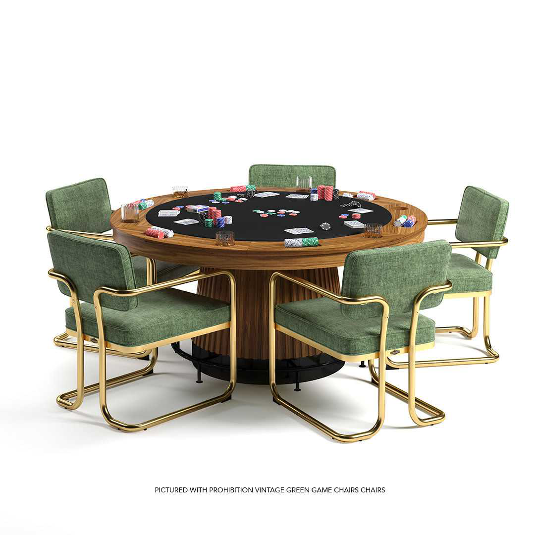 Prohibition 60" poker table in walnut finish with vintage black kick plate. Shown with optional footrail, and green chairs.