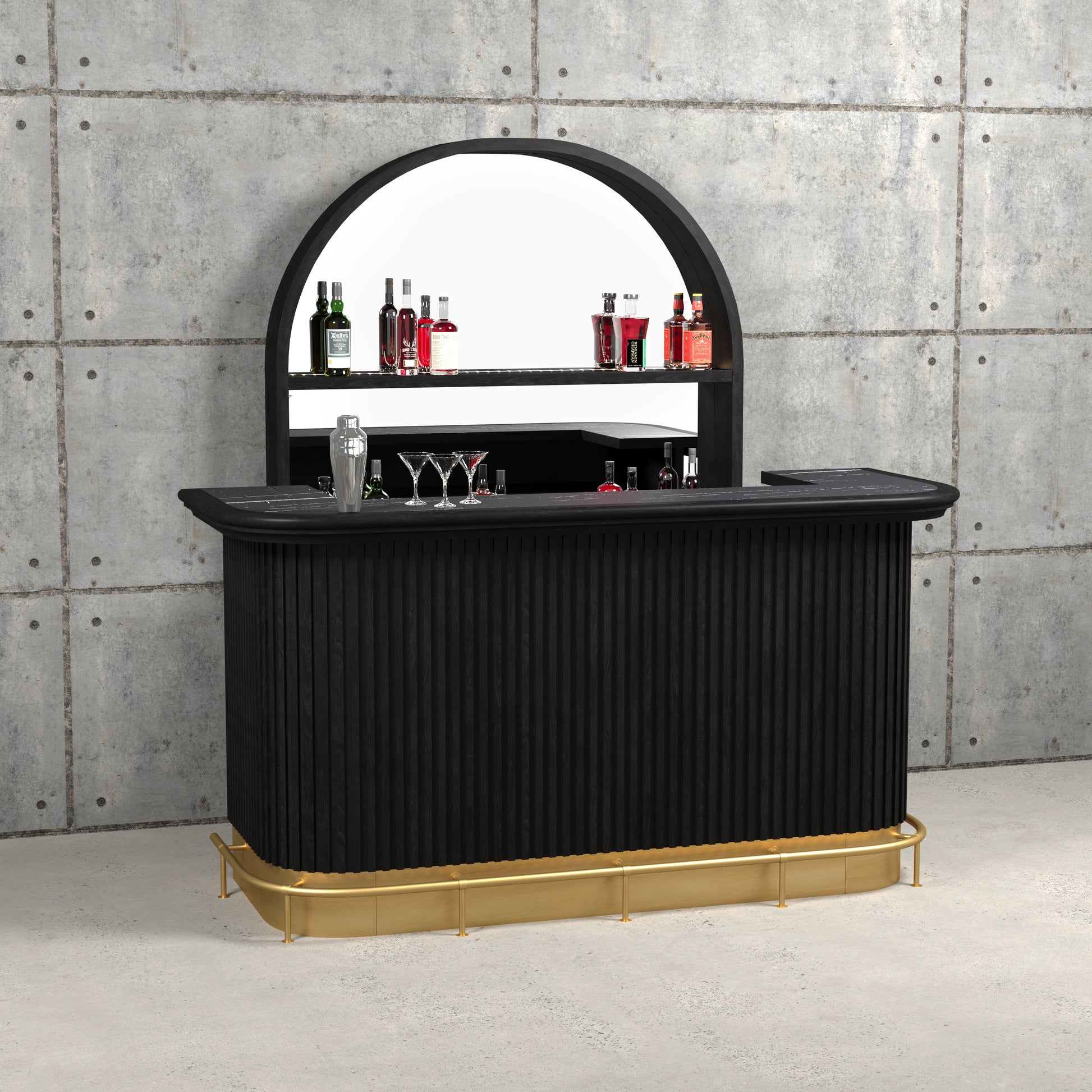 Prohibition Back Bar shown behind the Prohibition 84" Cocktail Bar with optional footrail. A fantastic bar for your pleasure!