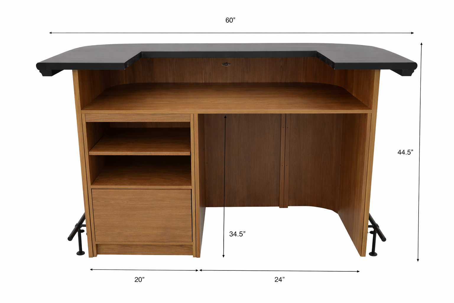 Prohibition 60" Cocktail Bar is 60" L, 31.5" D, 44.5" H. Large 34.5"H 24" W, 28" D opening can accommodate a mini fridge.