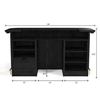 Prohibition 84" Cocktail Bar with large under bar prep shelf, two sets of shelves, and drawers. Opening fits mini fridge.