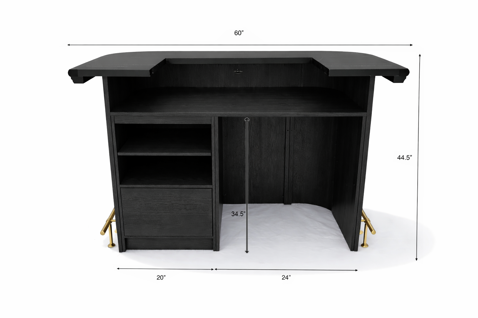 Prohibition 60" Cocktail Bar is 60" L, 31.5" D, 44.5" H. Large 34.5"H 24" W, 28" D opening can accommodate a mini fridge.