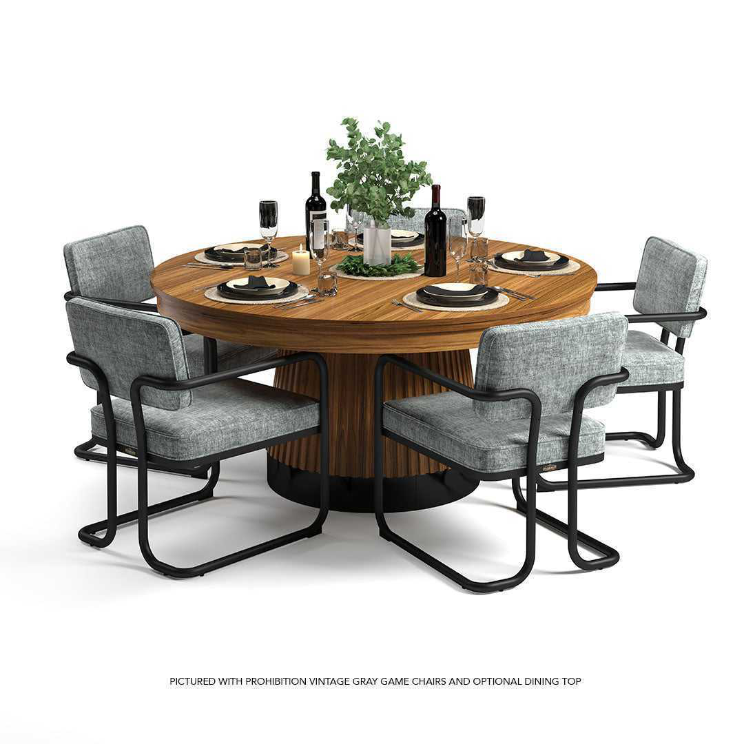 Prohibition 60" poker table in walnut finish with vintage black kick plate. Shown with optional dining top and gray chairs.