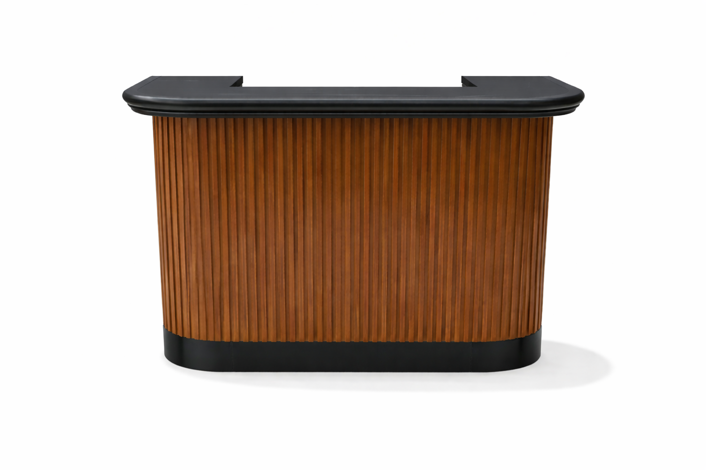 Prohibition 60" cocktail bar in walnut finish with matte black kick plate. Made of solid wood with large bartop service area.