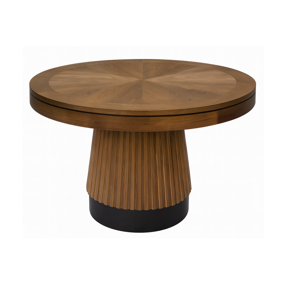 Prohibition poker table in walnut with matte black kick plate, with dining surface shown. Solid wood. Seats six. 1-Year Limited Warranty.