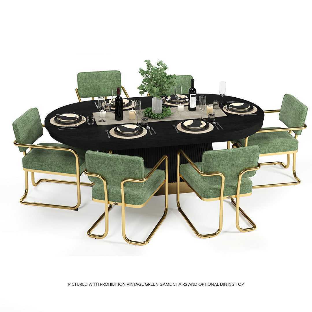 Prohibition 84" Texas Hold'em Poker table in black finish with brass kick plate with optional dining top and green chairs.