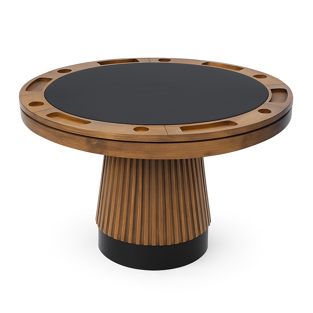 Prohibition poker table in walnut with matte black kickplate, with poker side up, showing drink holders and chip holders, plus a hidden storage space under the playing surface.