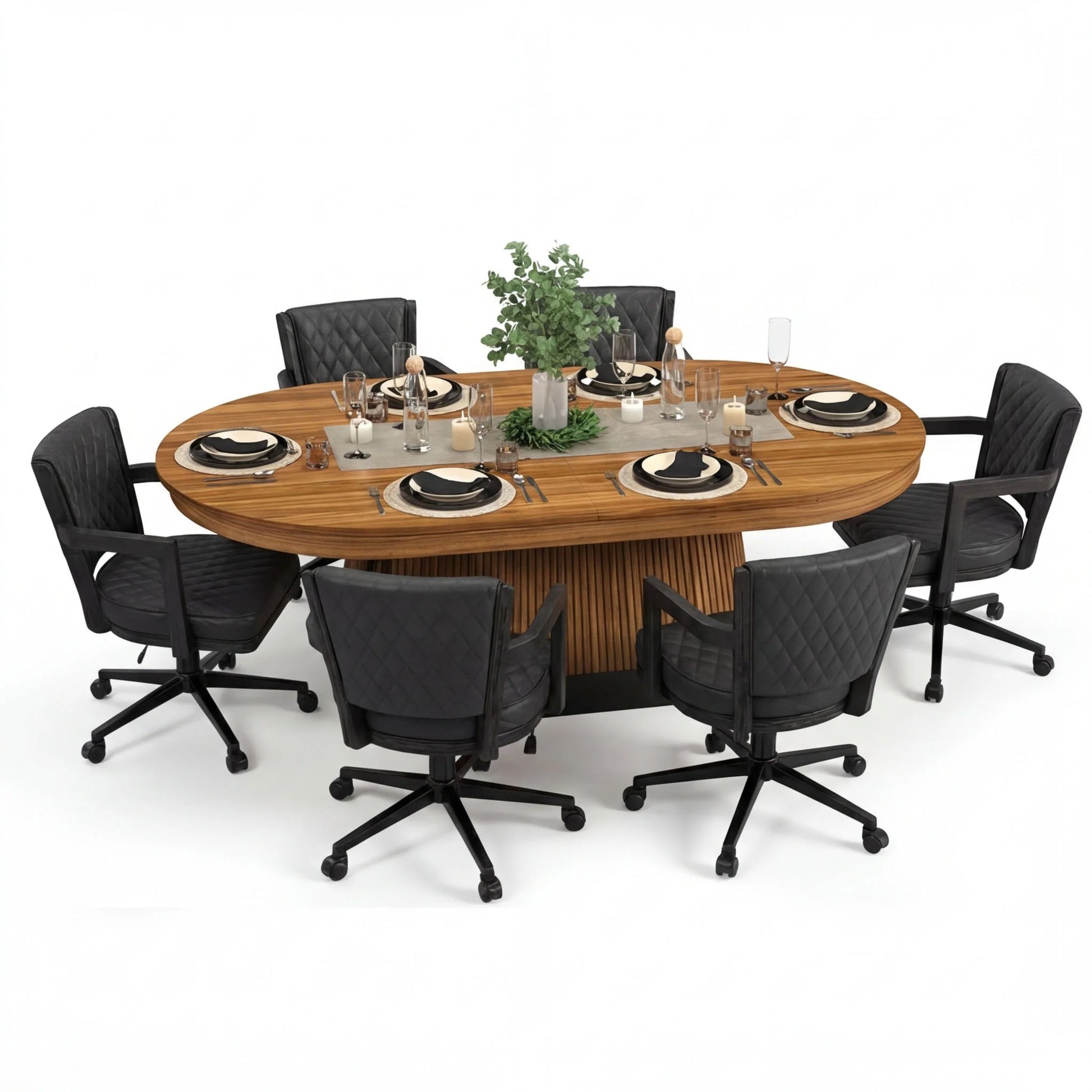 Prohibition 84" Texas Hold'em Poker table in walnut finish with black kick plate with optional dining top and black chairs.