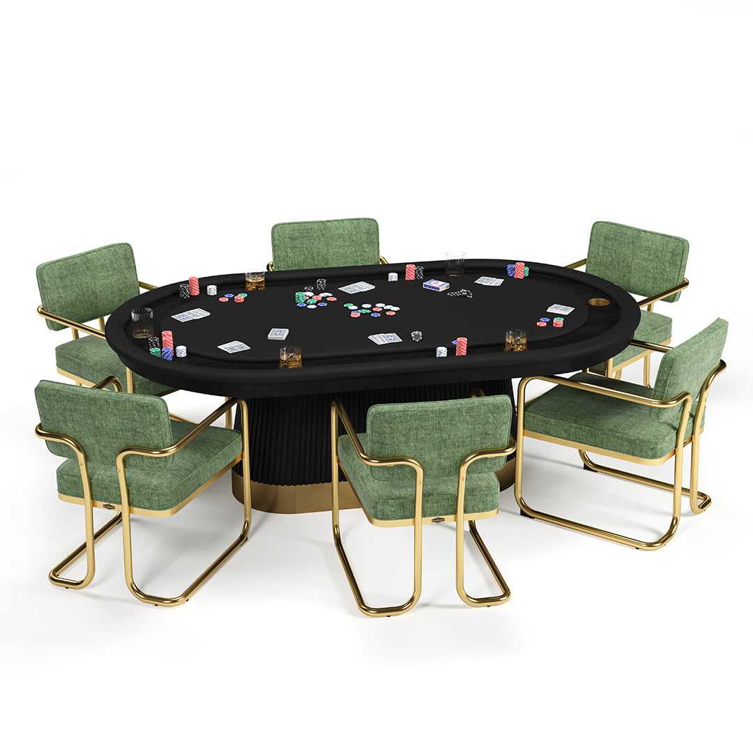 Prohibition 84" Texas Hold'em Poker table in black finish with brass kick plate with optional green chairs. Drink and chip holders