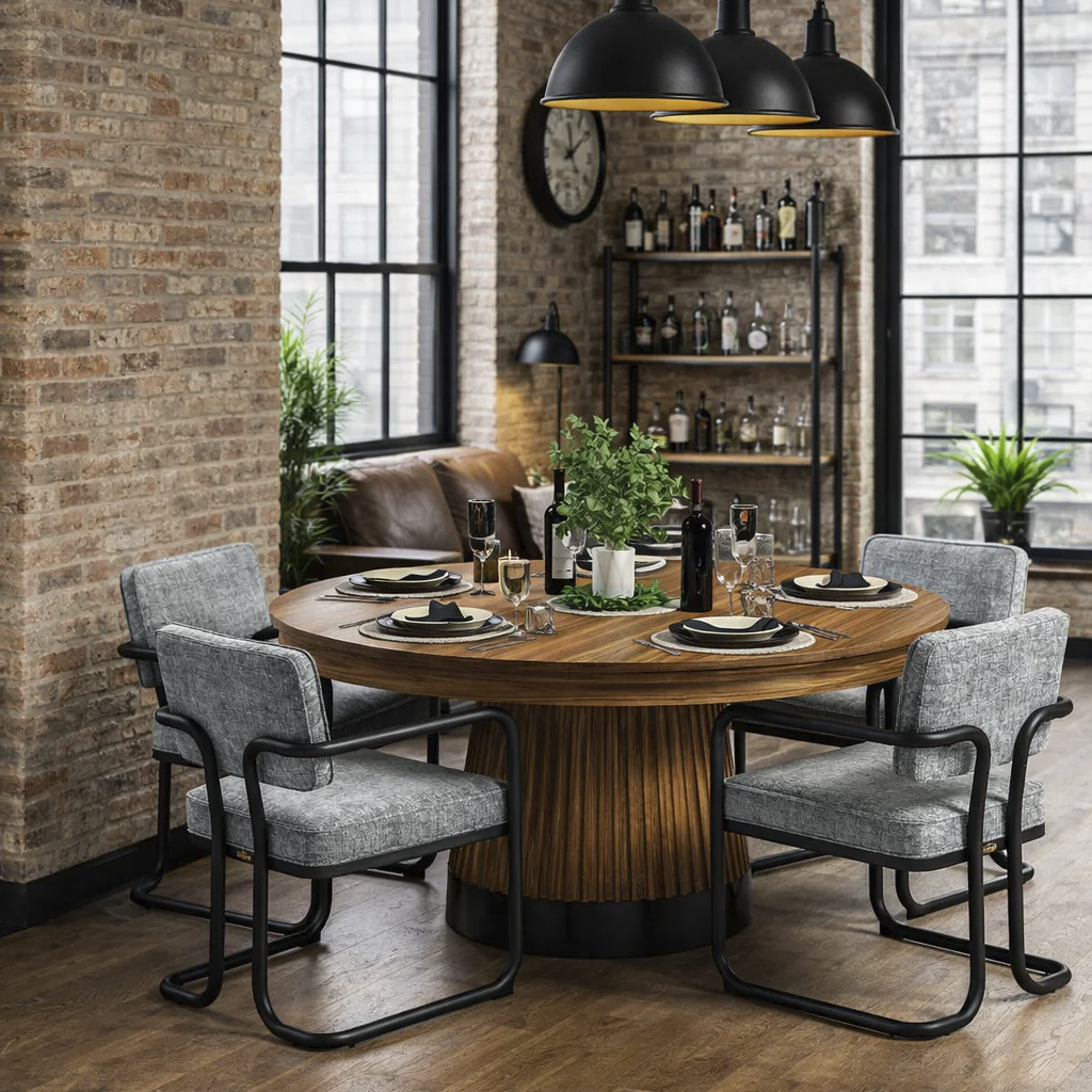Prohibition 60" poker table in walnut finish with vintage black kick plate. Shown with optional dining top and gray chairs.