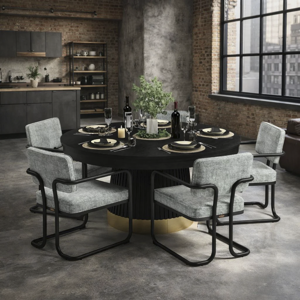 Prohibition 60" poker table in matte black finish w brass kick plate. Shown with optional dining top and gray chairs. 1-Year Limited Warranty.