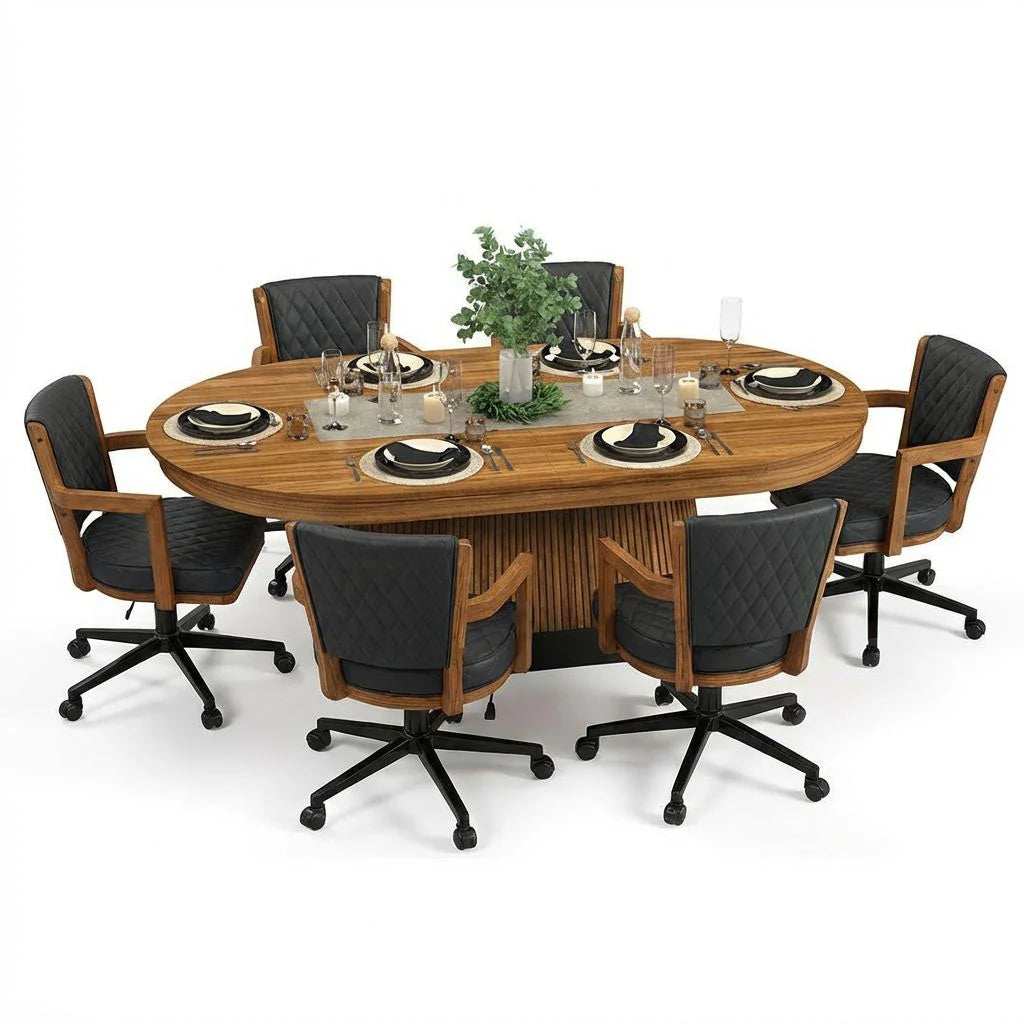 Prohibition 84" Texas Hold'em Poker table in walnut finish with black kick plate with optional dining top and black chairs.