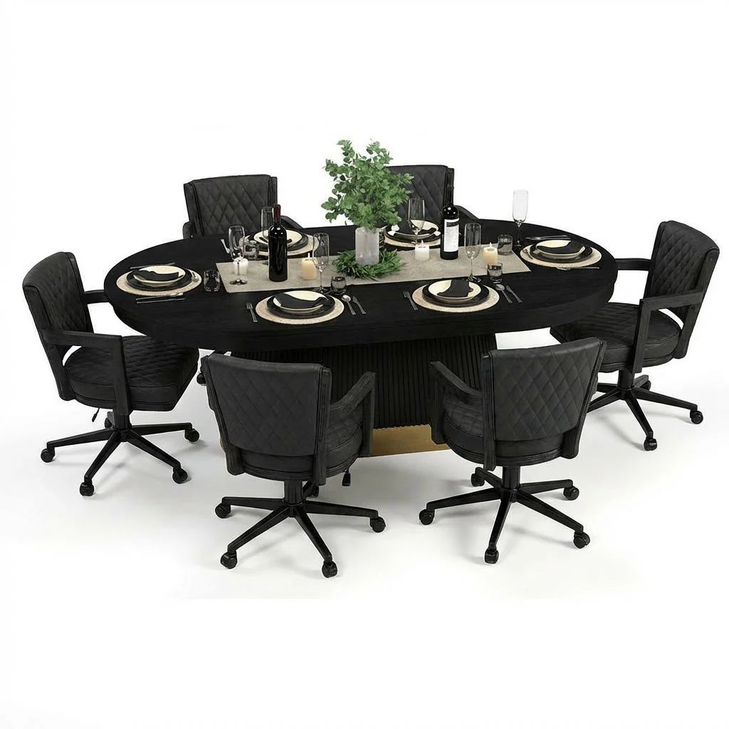 Prohibition 84" Texas Hold'em Poker table in black finish with brass kick plate with optional dining top and black chairs.