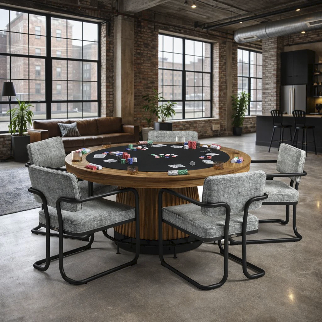 Prohibition 60" poker table in walnut finish with vintage black kick plate. Shown with optional dining top, footrail, and gray chairs.