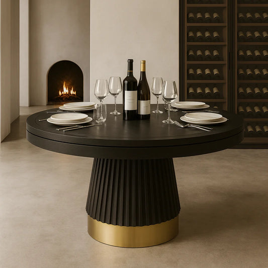 Prohibition 48" 2-in-1 poker table in matte black finish with vintage brass kick plate. A reversible top is for dining on one side and poker on the other.