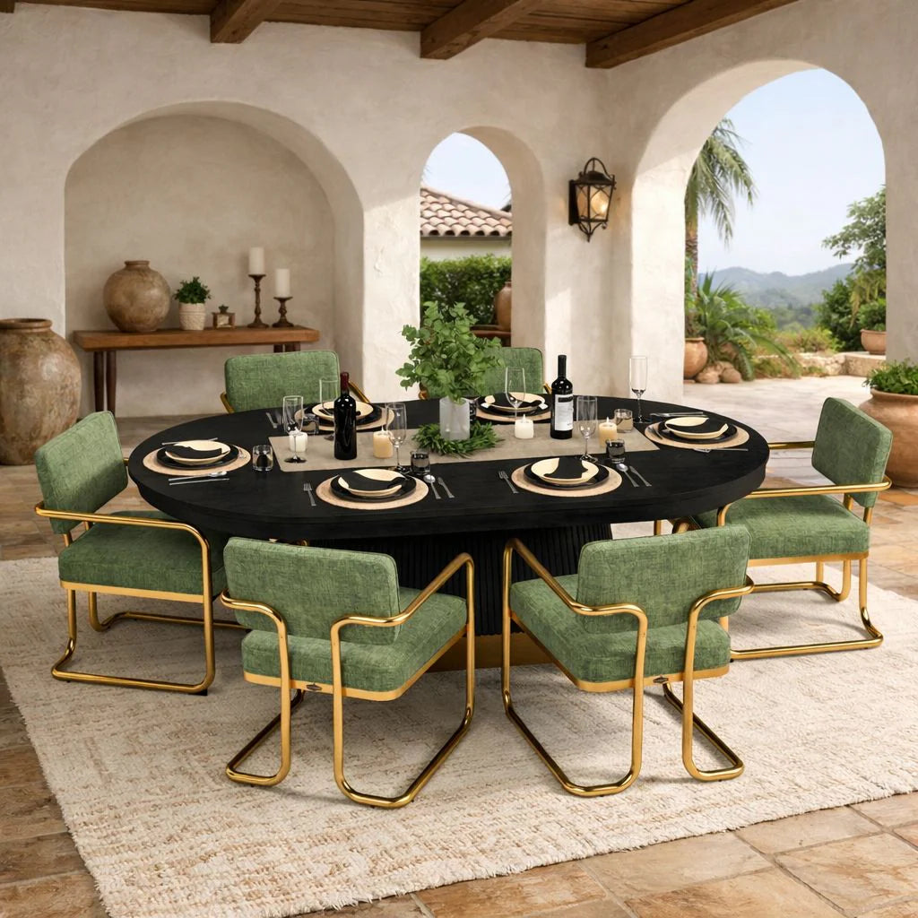 Prohibition 84" Texas Hold'em Poker table in matte black finish with brass kick plate and optional dining top and green chairs.
