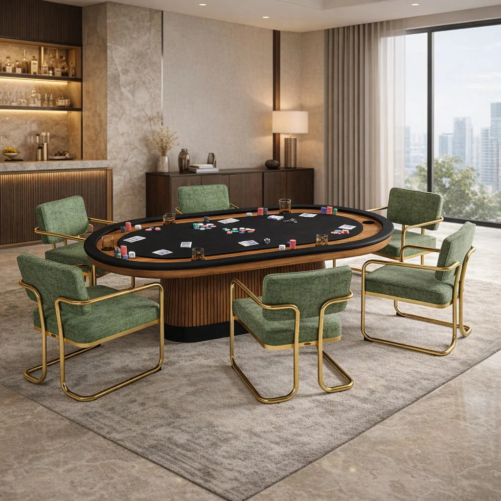 Prohibition 84" Texas Hold'em Poker table in walnut finish with black kick plate with optional green chairs. Drink and chip holders