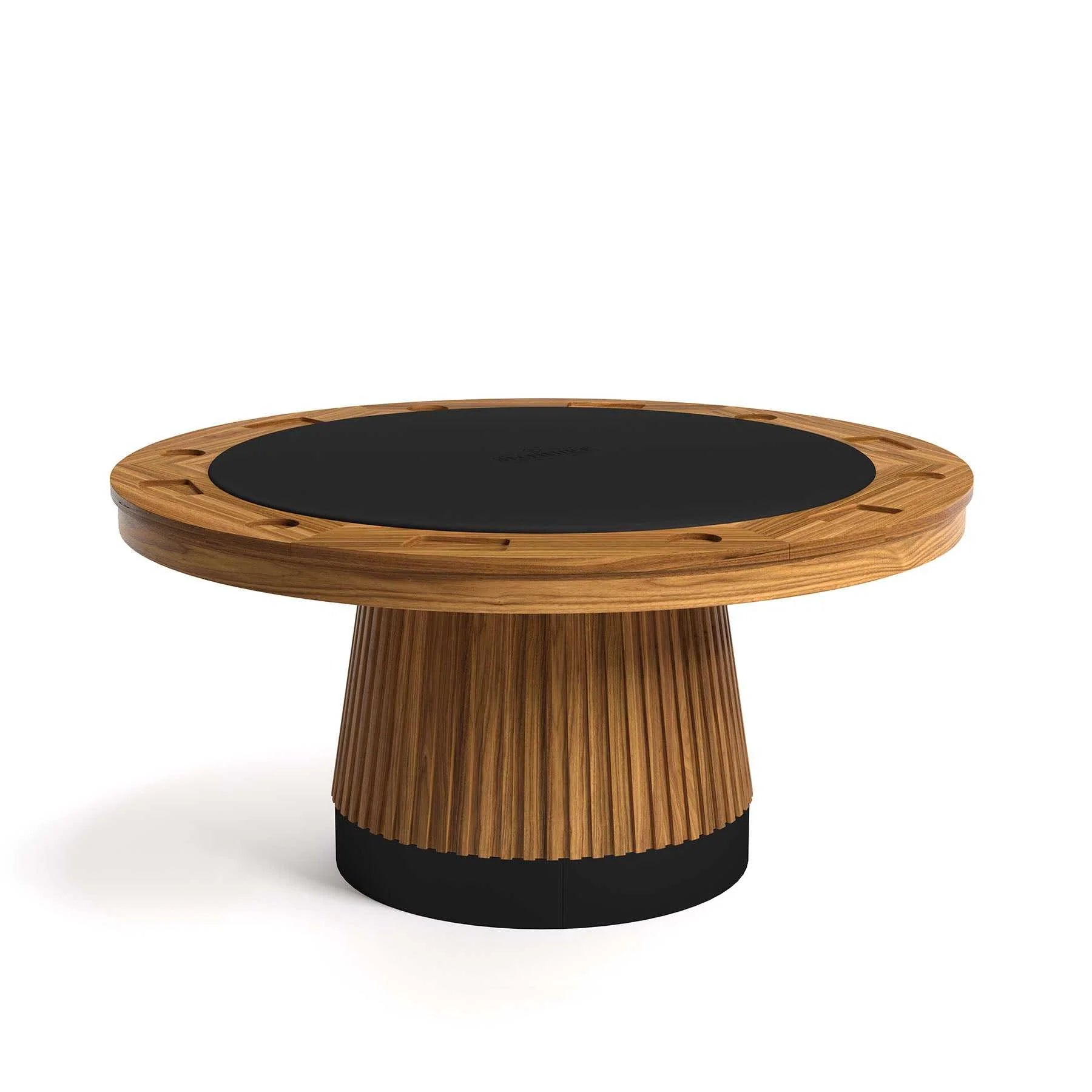 Prohibition 60" poker table in walnut, faux-leather playing surface with embossed logo. Shown with standard poker top. Seats six.