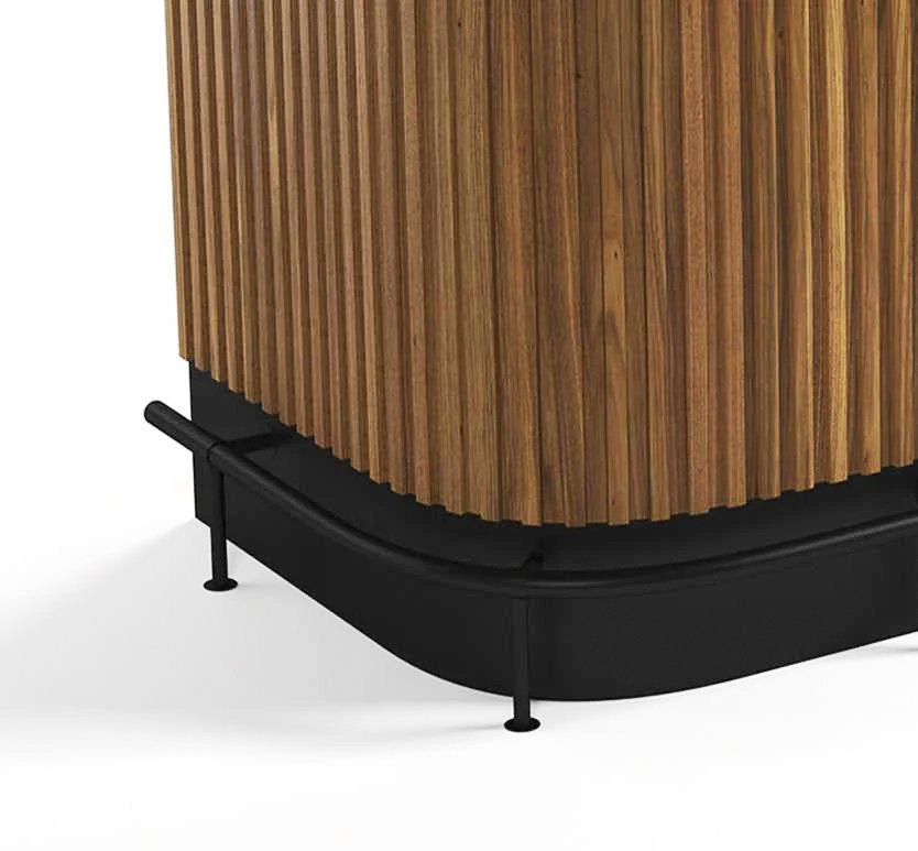 Optional Foot Rail for Prohibition 84" Cocktail Bar shown in Walnut with black. 1-Year Limited Warranty