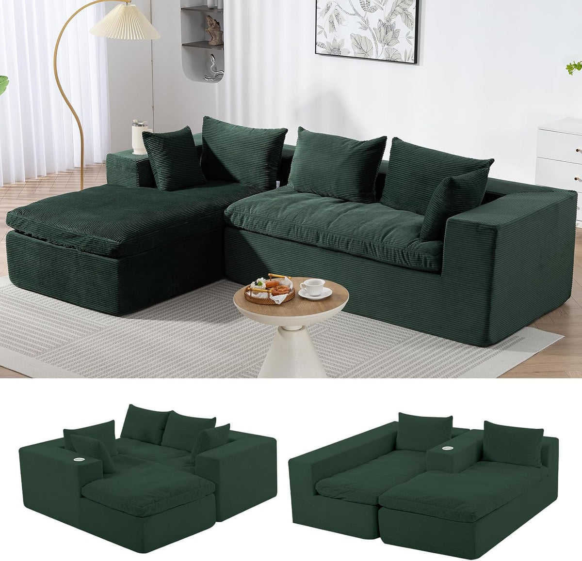 Green Corduroy Cloud Sectional Sofa, 107" L-Shape