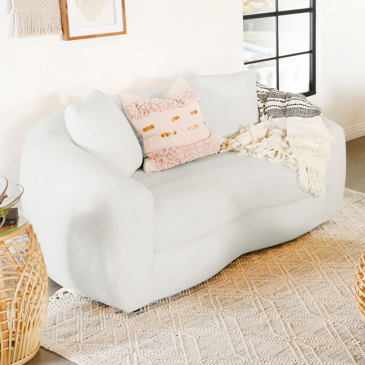 Unique Piece Furniture Isabella Faux Sheepskin Upholstered Loveseat Natural