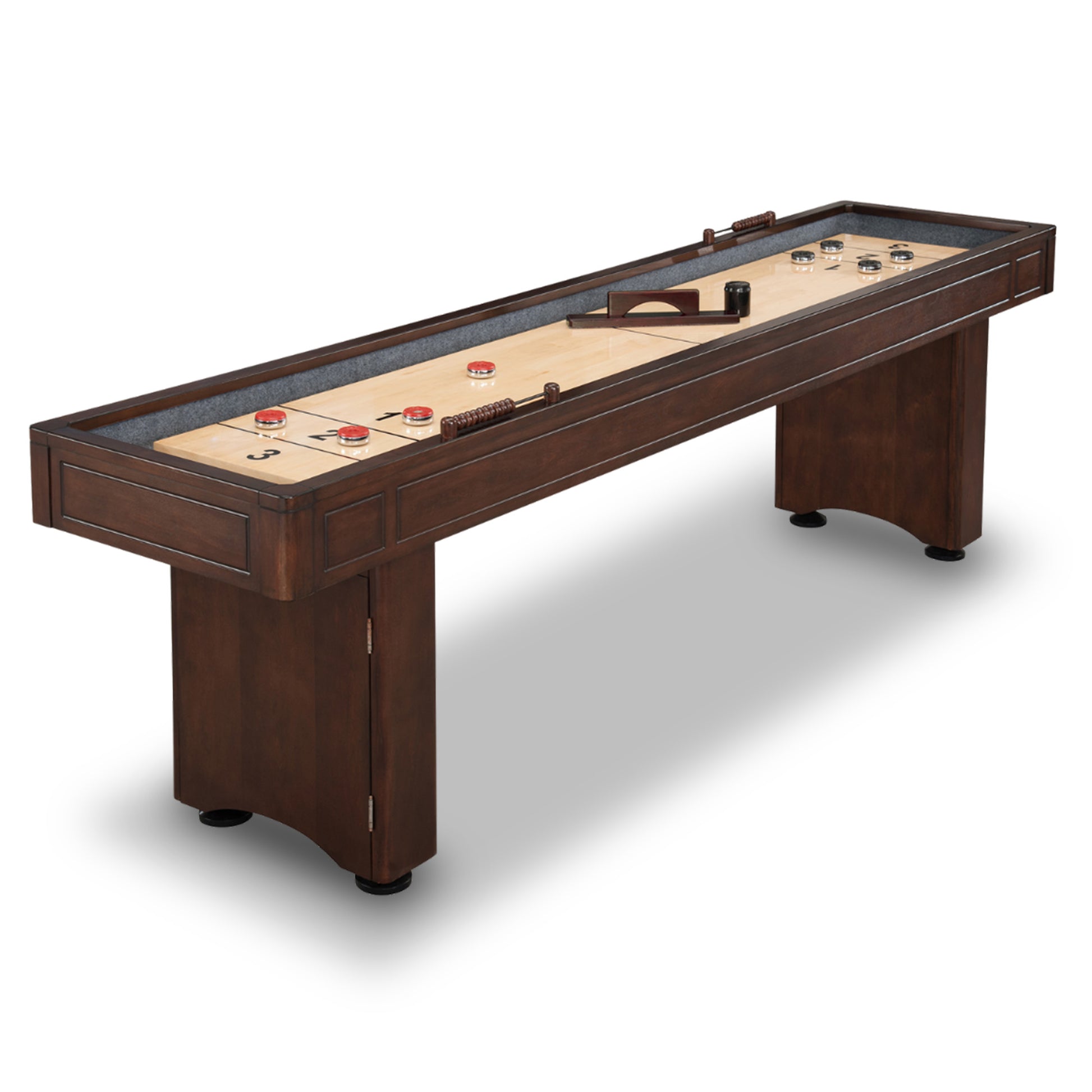 9-ft mahogany shuffleboard table with smooth playing surface and wooden scoring pegs on solid rectangular legs. - Build Your Man Cave - Austin 9-ft Shuffleboard Table - Mahogany Finish - Default Title - BG1209 - Austin 9-ft Shuffleboard Table - Mahogany Finish with 1.5-inch-thick playing surface with maple butcherblock veneer. Equipped with 3 heavy-duty climate adjusters.