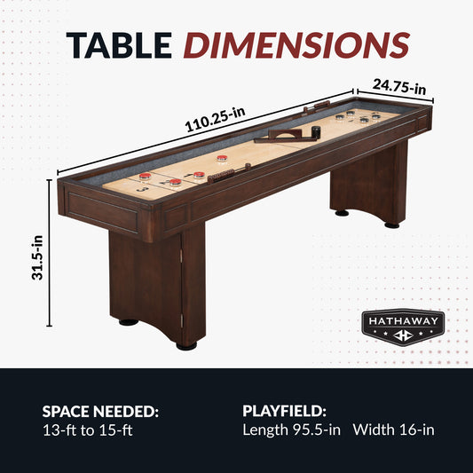 Mahogany finish shuffleboard table dimensions: 110.25 " long, 31.5" high, 24.75" wide. - Build Your Man Cave - Austin 9-ft Shuffleboard Table - Mahogany Finish - Default Title - BG1209
