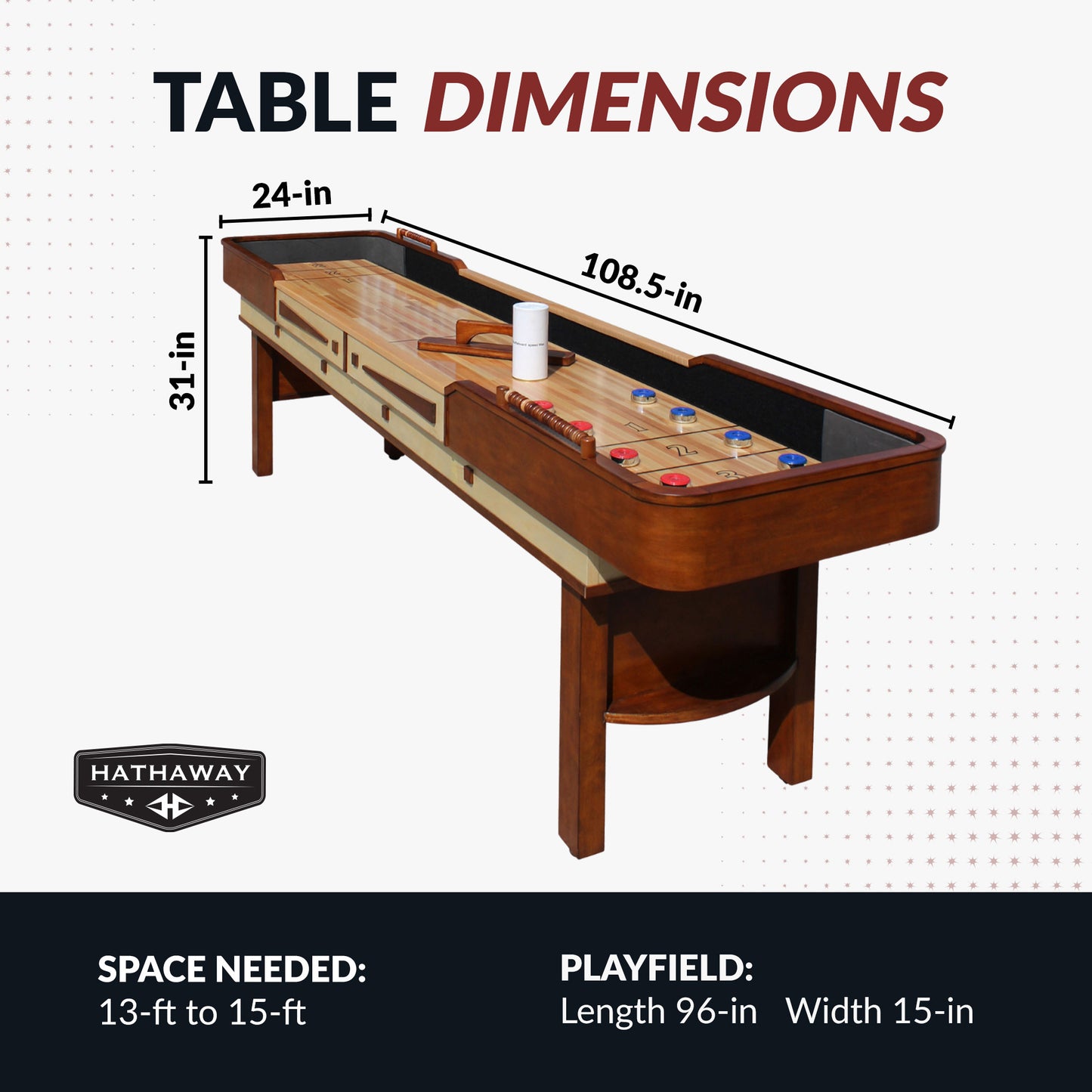 9-ft shuffleboard table in walnut finish, butcherblock playing surface, double-paneled legs, and classic design details. 3 heavy-duty climate adjusters, adjustable leg levelers. Table Dimensions: 108.5" long, 24" wide, 31" high. - Build Your Man Cave - Merlot Shuffleboard Table 9 ft - Walnut Finish - Default Title - BG1305
