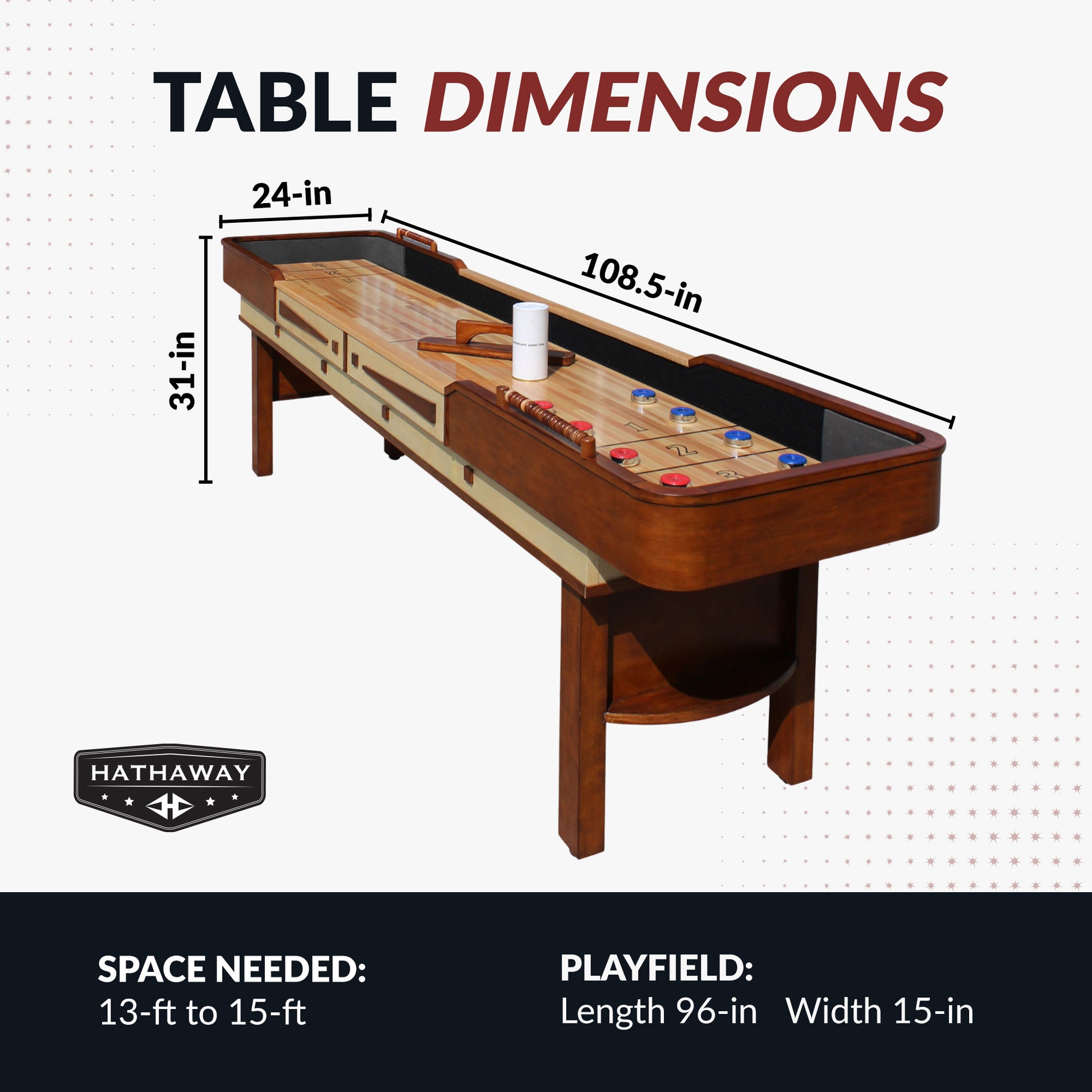 9-ft shuffleboard table in walnut finish, butcherblock playing surface, double-paneled legs, and classic design details. 3 heavy-duty climate adjusters, adjustable leg levelers. Table Dimensions: 108.5" long, 24" wide, 31" high. - Build Your Man Cave - Merlot Shuffleboard Table 9 ft - Walnut Finish - Default Title - BG1305
