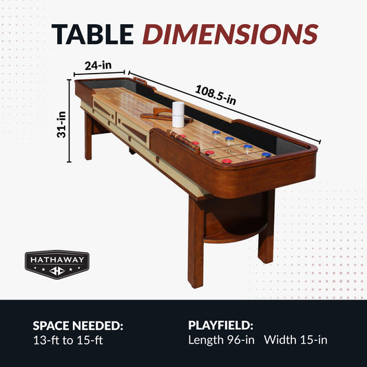 9-ft shuffleboard table in walnut finish, butcherblock playing surface, double-paneled legs, and classic design details. 3 heavy-duty climate adjusters, adjustable leg levelers. Table Dimensions: 108.5" long, 24" wide, 31" high. - Build Your Man Cave - Merlot Shuffleboard Table 9 ft - Walnut Finish - Default Title - BG1305