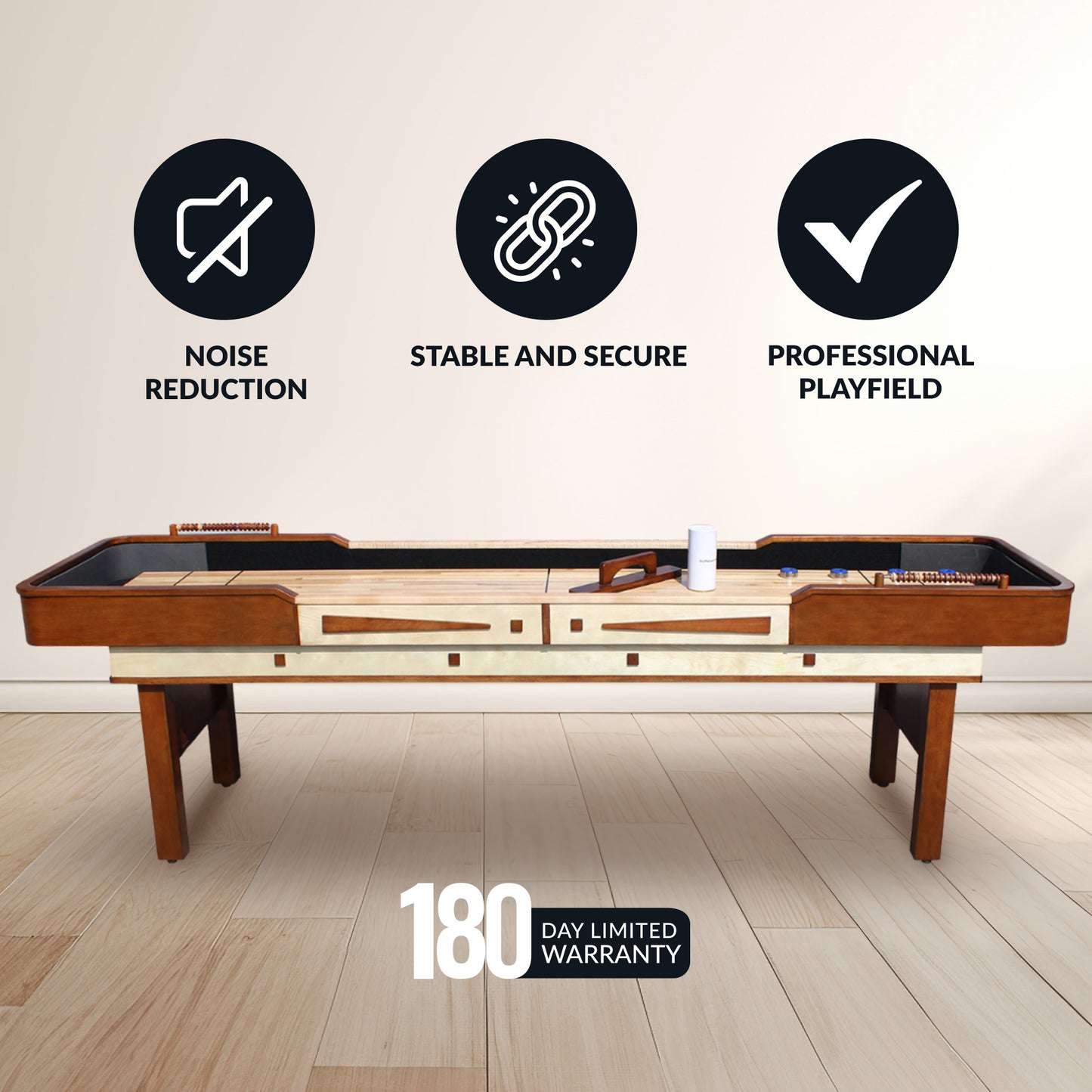 9 ft shuffleboard table with walnut finish, black playfield, wooden legs, and wooden abacus scorers.  180-day warranty. - Build Your Man Cave - Merlot Shuffleboard Table 9 ft - Walnut Finish - Default Title - BG1305