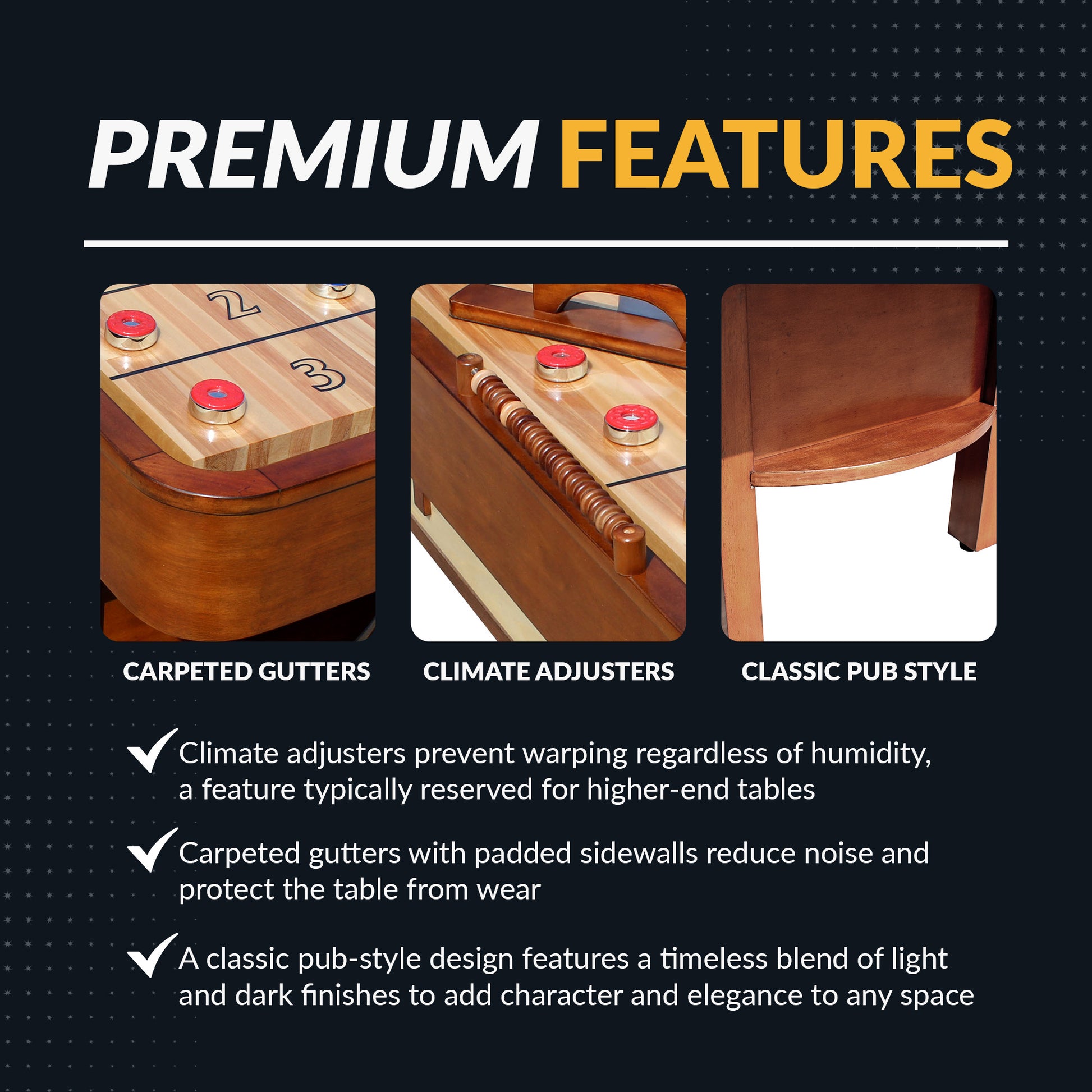 Carpeted gutters with padded sidewalls, integrated scoreboard with sliding markers, and walnut finish. 3 pro-style, heavy-duty climate adjusters, adjustable leg levelers. - Build Your Man Cave - Merlot Shuffleboard Table 9 ft - Walnut Finish - Default Title - BG1305