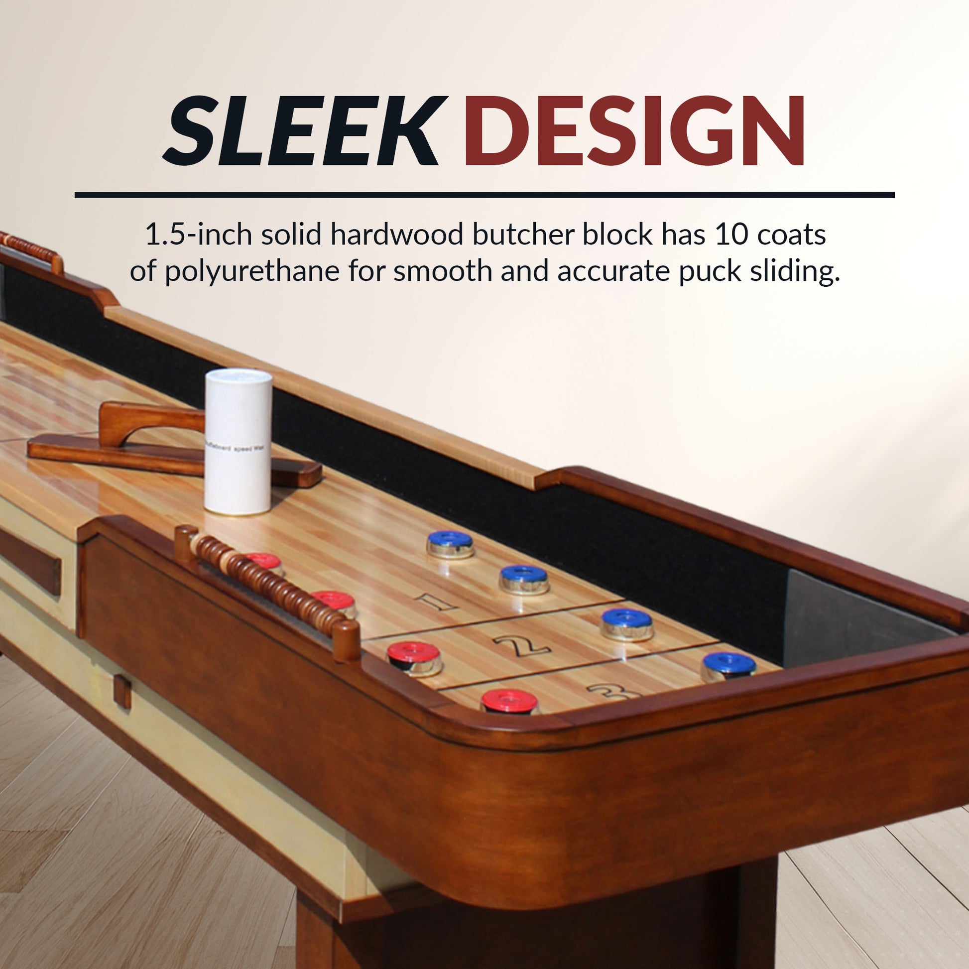 Walnut-finished 9 ft shuffleboard table with solid birch 1.75" thick butcherblock playfield, blue and red pucks. - Build Your Man Cave - Merlot Shuffleboard Table 9 ft - Walnut Finish - Default Title - BG1305