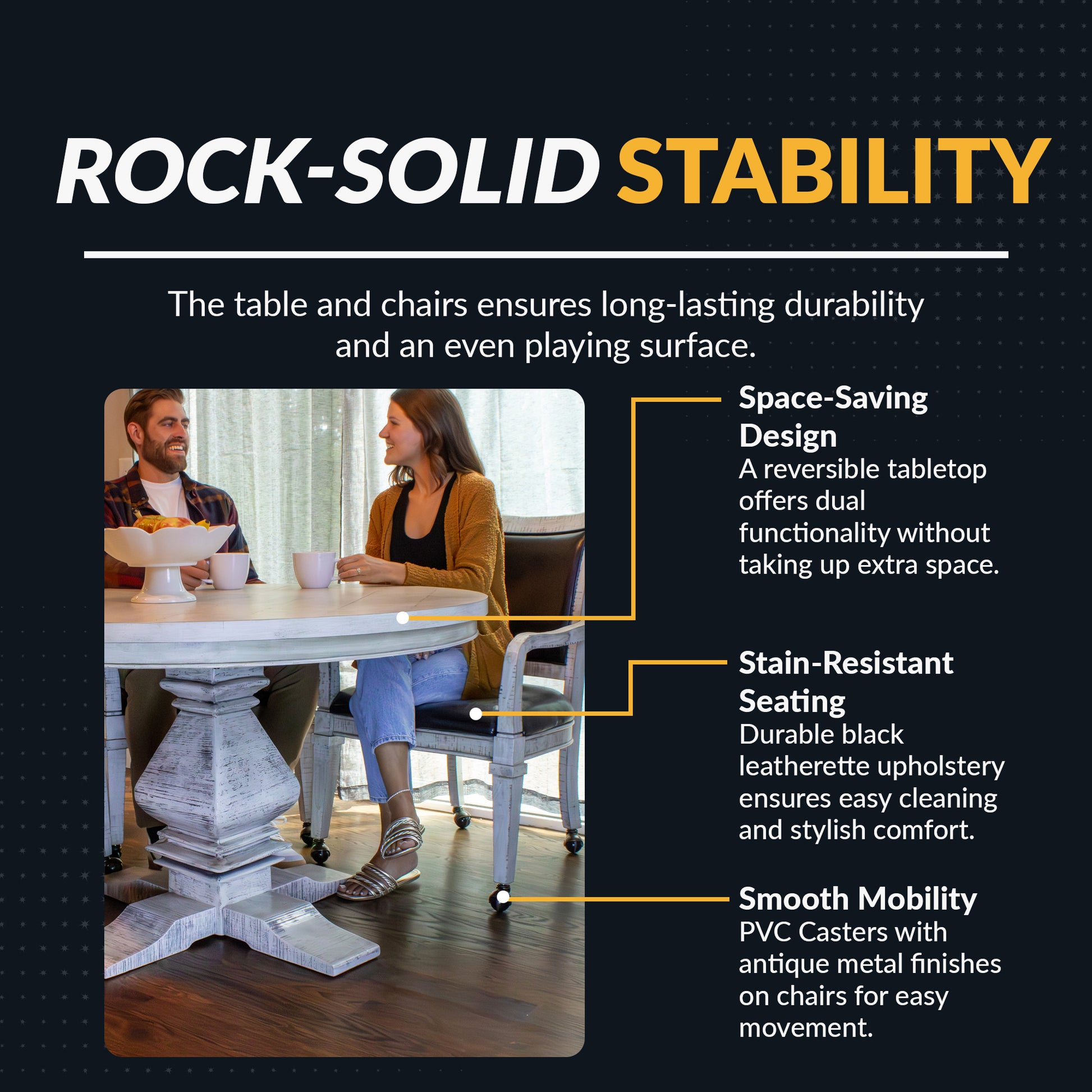 Constructed from hardwood and engineered wood. Sturdy pedestal base. Reversible tabletop.