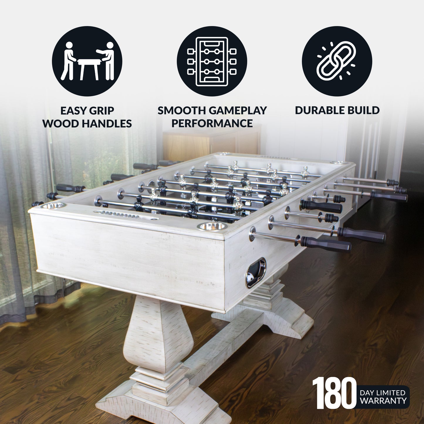 Montecito 55" driftwood foosball table has a cross-supported playfield, sturdy pedestal legs, and automatic all return. 180-day warranty.