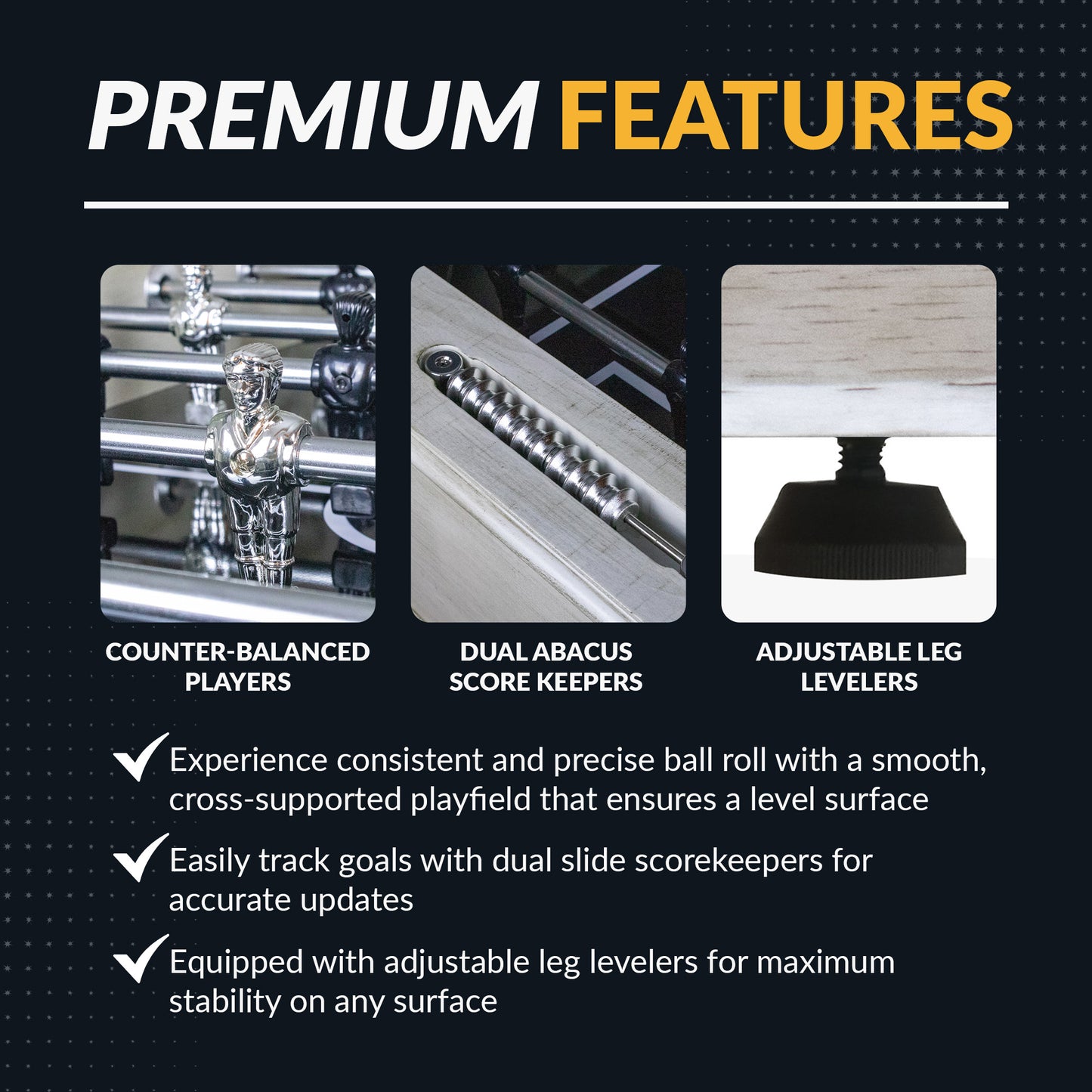 Montecito 55" foosball table features black and silver counter-balanced players, dual abacus scorers and adjustable leg levelers.